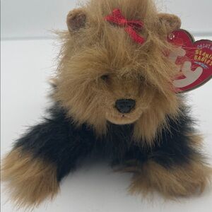 Ty Beanie Babies Yapper 2004 Furry Black and Brown Dog with Red Bow